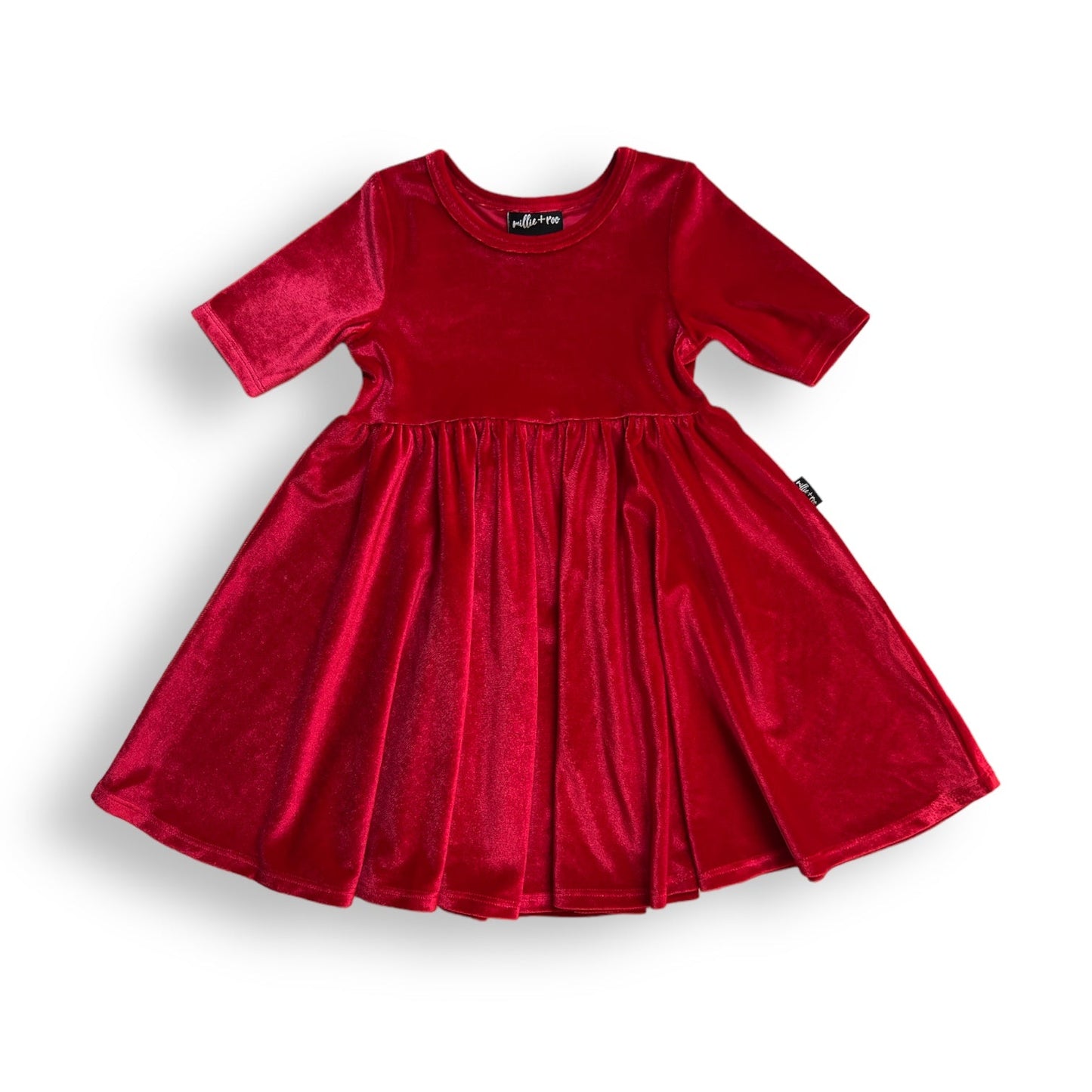 VELVET MID SLEEVE TWIRL- Ruby Red Stretch Velvet Twirl Dress