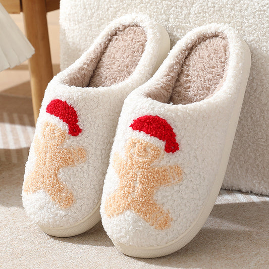 Gingerbread Man Pattern Cotton Slippers Indoor Home Plush Warm Slippers White