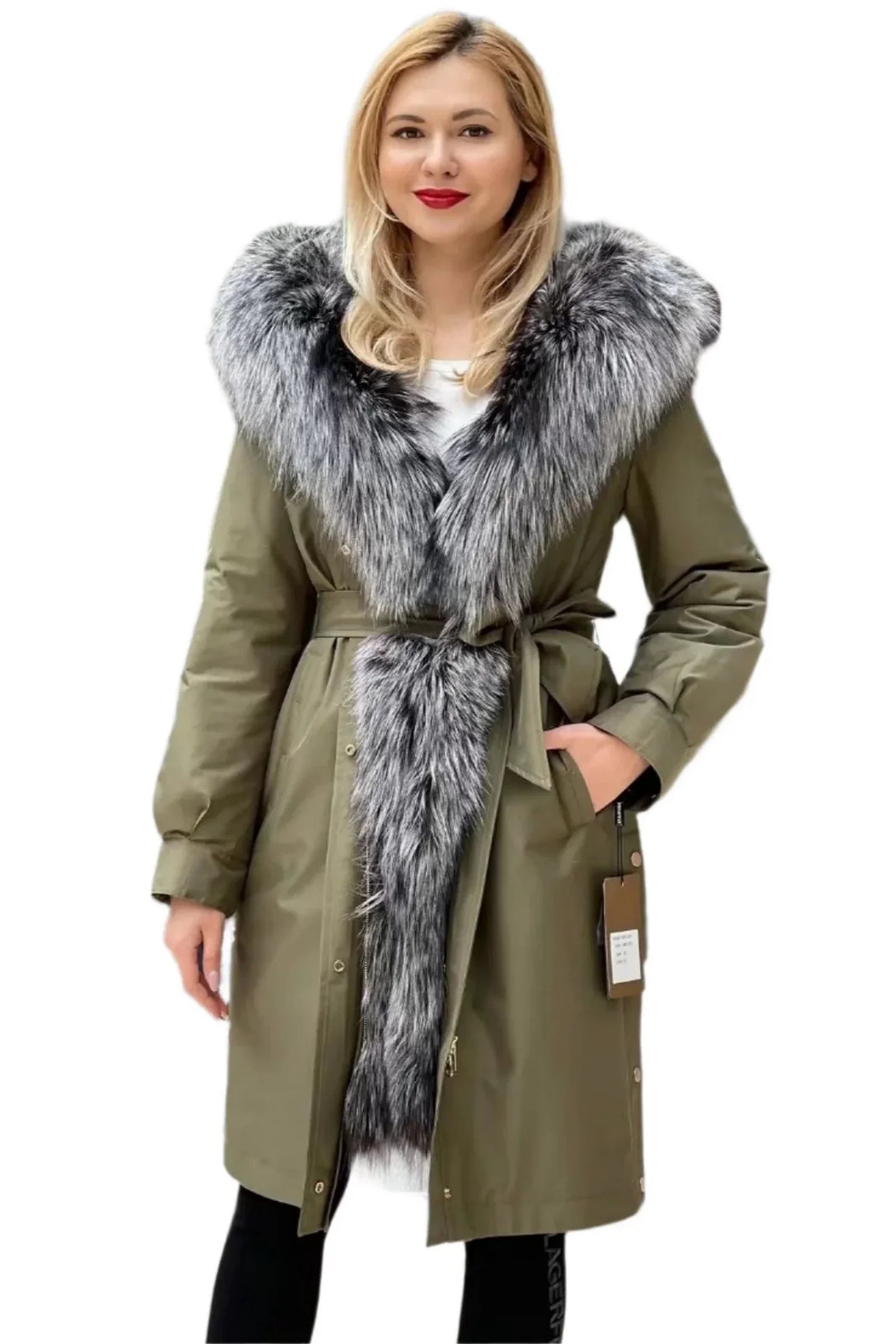 Genuine Silver Fox Fur Trim Rabbit Fur Insulated Parka Khaki