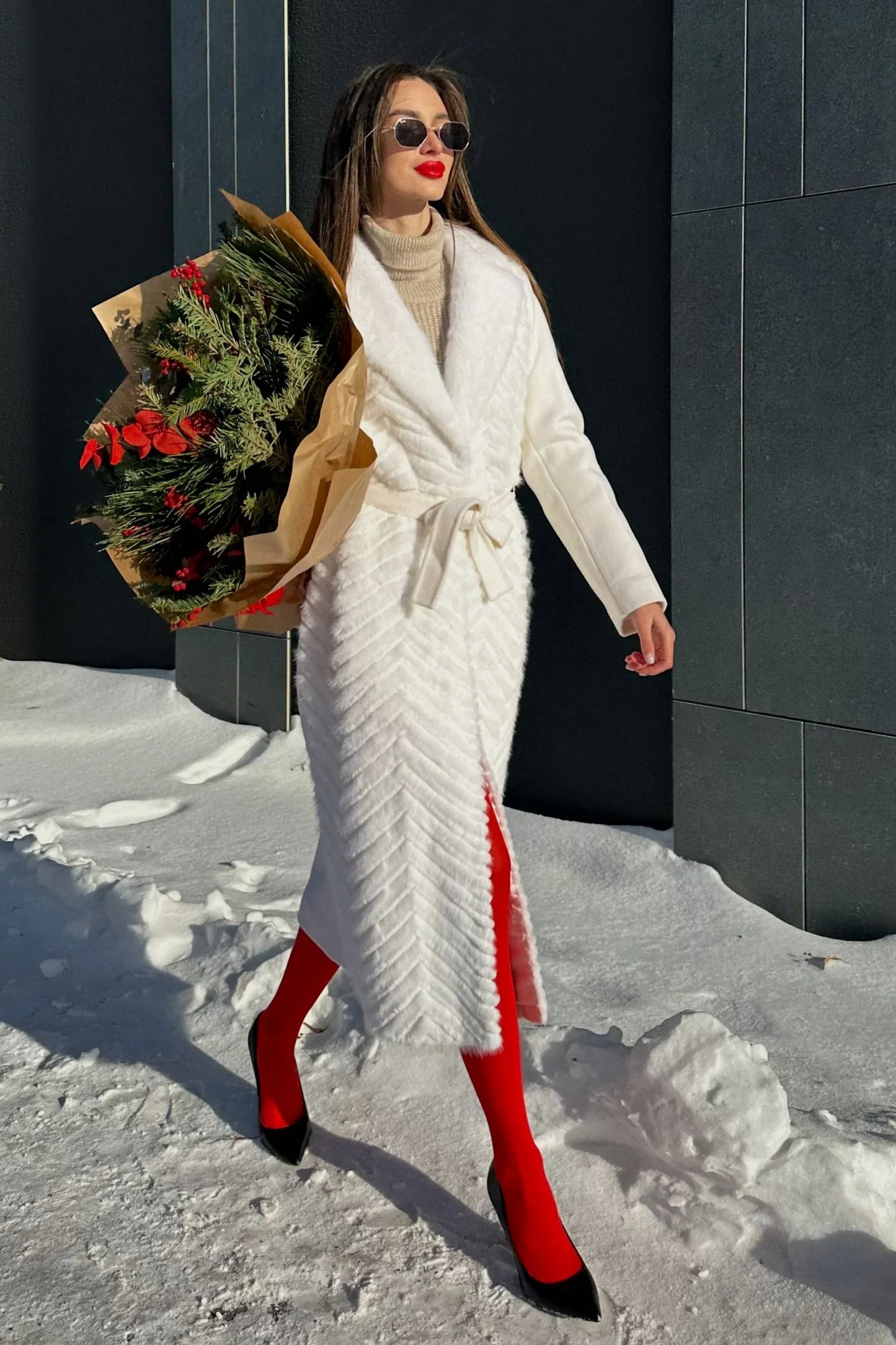 Genuine Mink Fur Rex Fur Trim Virgin Wool Coat in White White