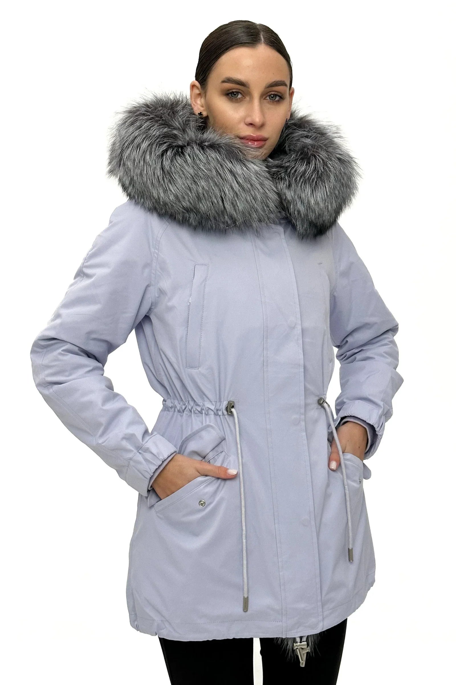 Genuine Silver Fox Fur Trim Rabbit Fur Insulated Parka Periwinkle
