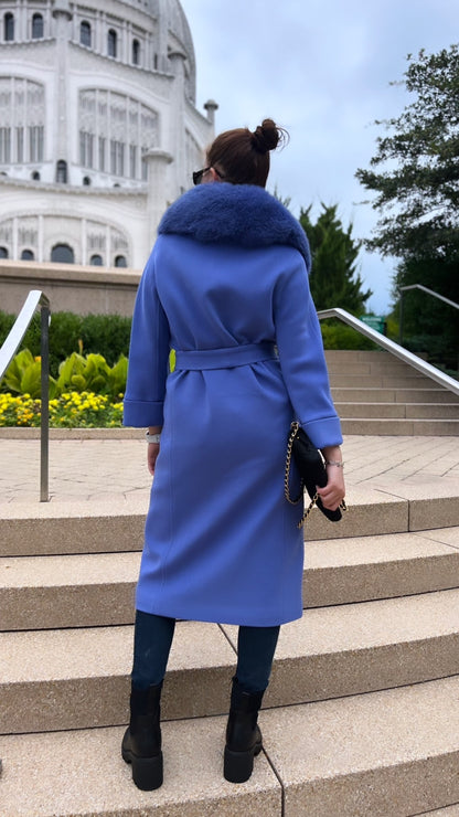 Genuine Polar Fox Collar Cashmere Wool Coat