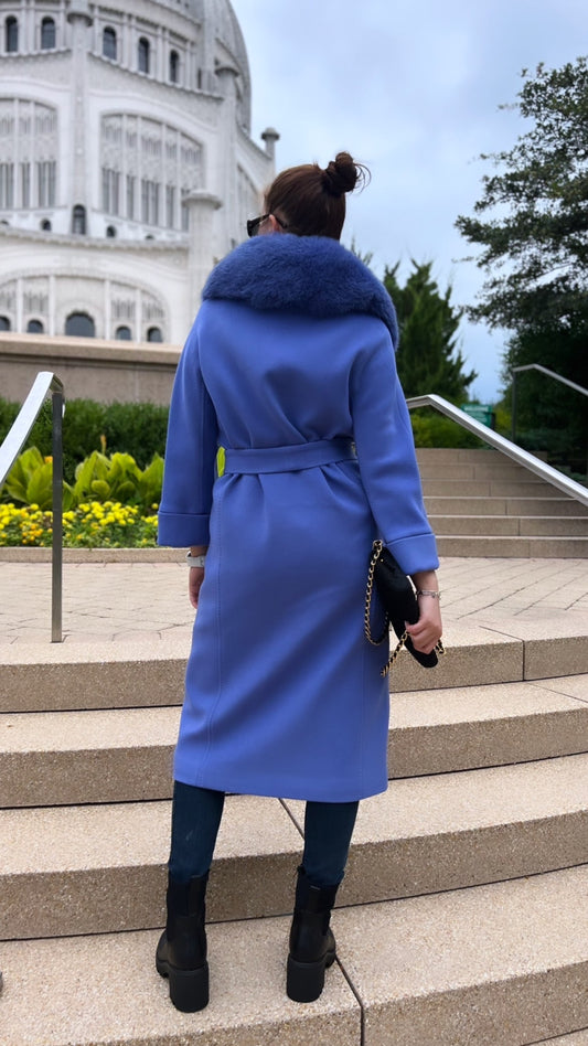 Genuine Polar Fox Collar Cashmere Wool Coat