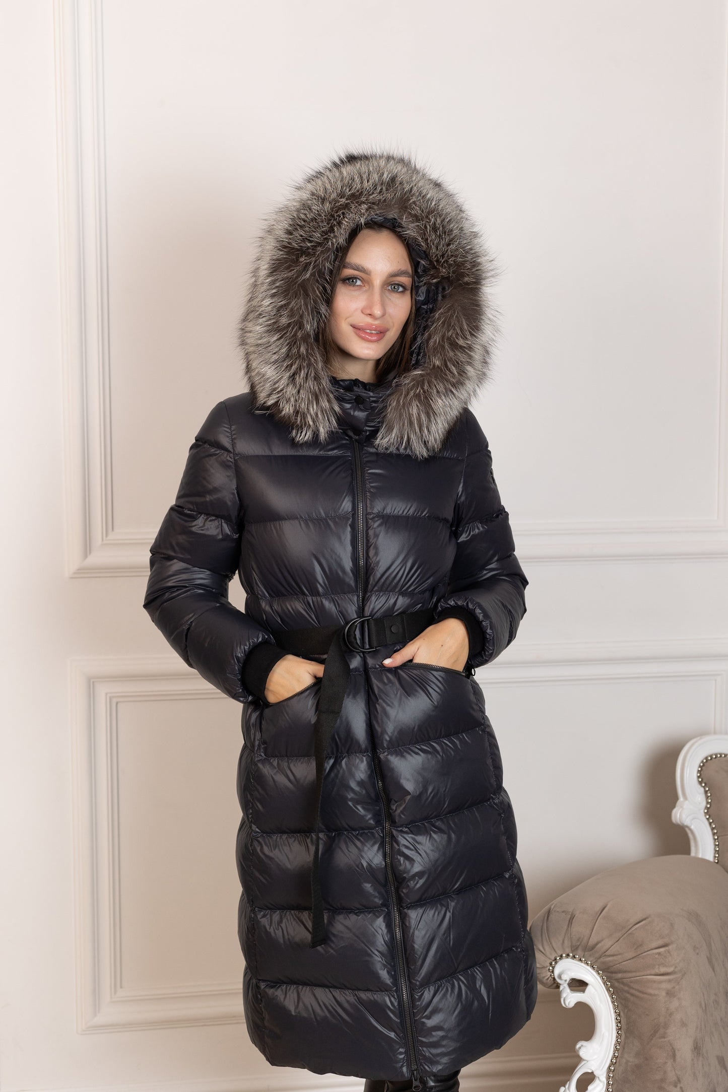 Genuine Silver Fox Fur Trim Down Fill Coat