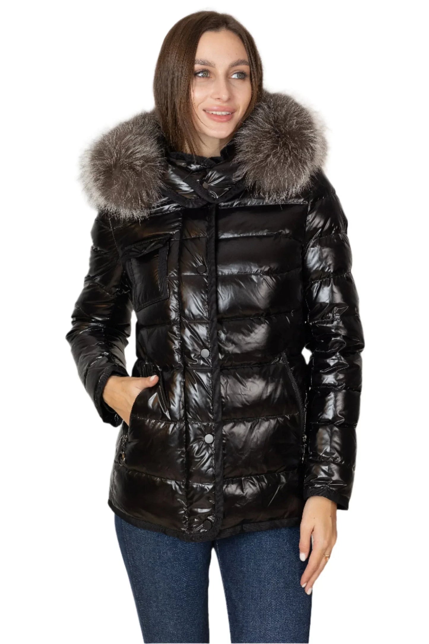 Genuine Silver Fox Fur Lightweight Down Fill Coat Black
