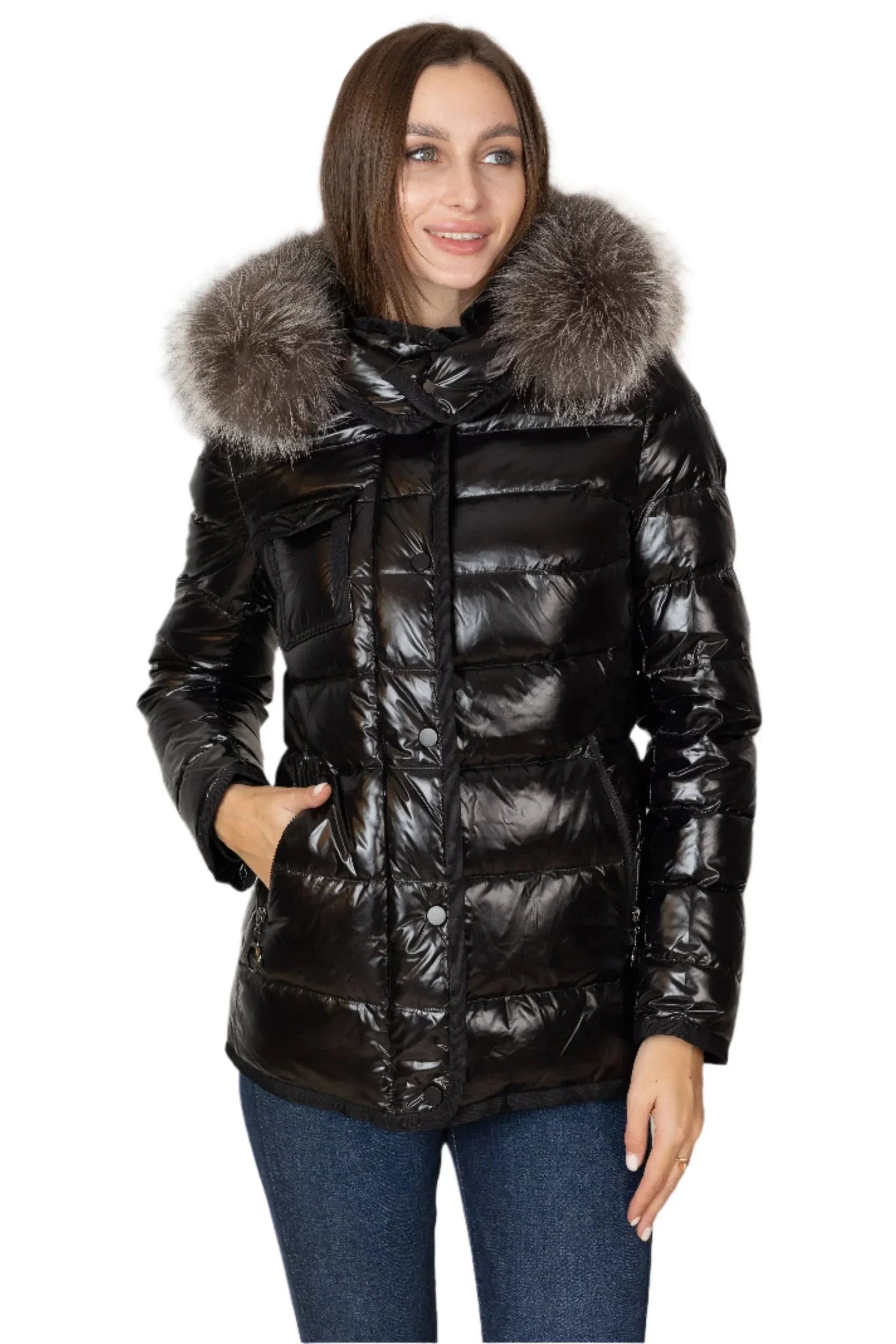 Genuine Silver Fox Fur Lightweight Down Fill Coat Black