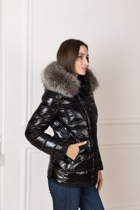 Genuine Silver Fox Fur Lightweight Down Fill Coat