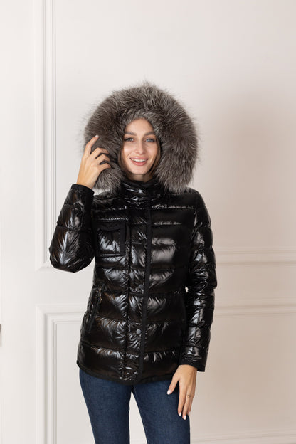 Genuine Silver Fox Fur Lightweight Down Fill Coat