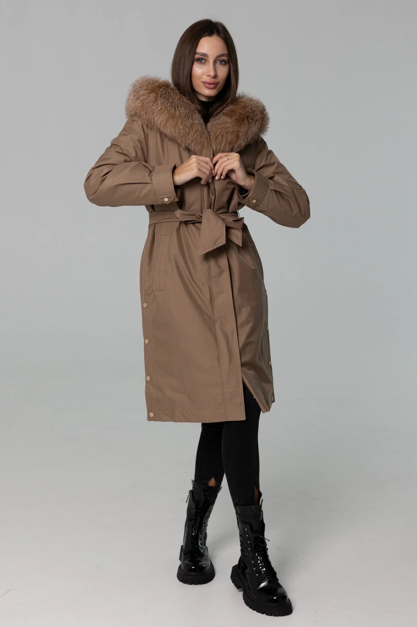 Genuine Fox Fur Trim Rabbit Fur Insulated Parka Chocolate