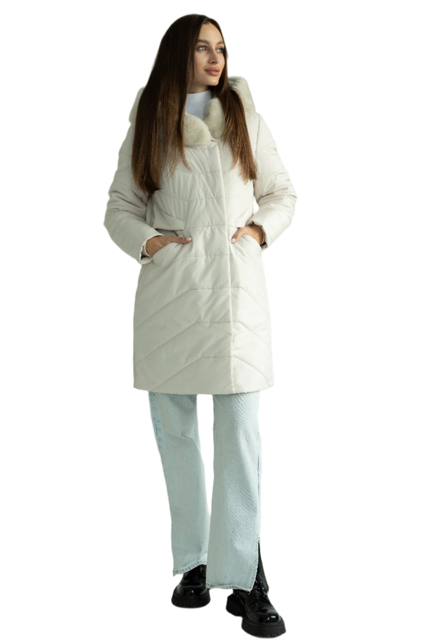 Genuine Mink Fur Trim Camel Wool Fill Coat Ivory