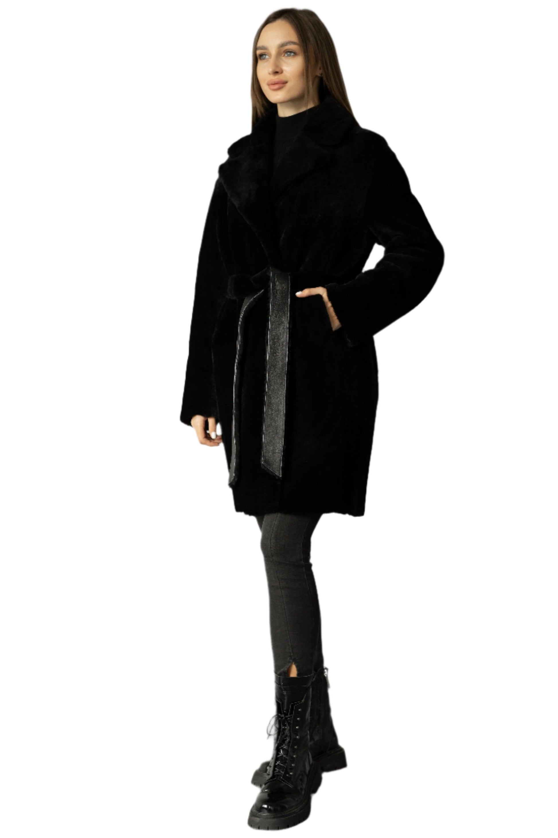 Genuine Shearling Merino Lamb Leather Coat by Punto Leather Black
