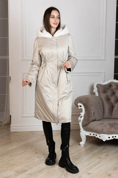 ⇆ Reversible Faux Alpaca Satin Hooded Coat White Pearl