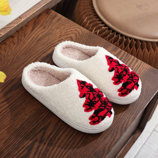 Christmas Tree Pattern Unisex Home Winter Fur Slippers White