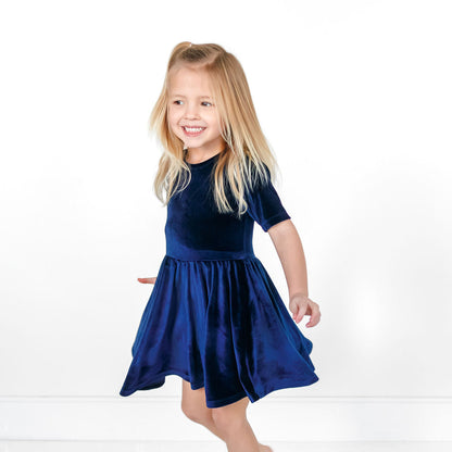 VELVET MID SLEEVE TWIRL- Navy Stretch Velvet Twirl Dress