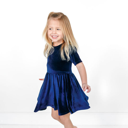 VELVET MID SLEEVE TWIRL- Navy Stretch Velvet Twirl Dress