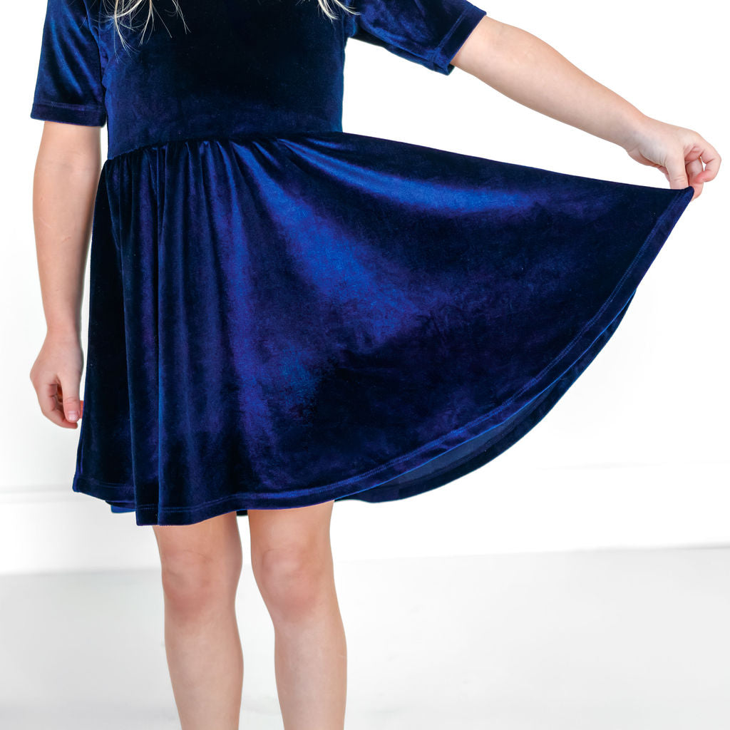 VELVET MID SLEEVE TWIRL- Navy Stretch Velvet Twirl Dress