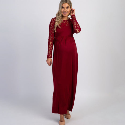 Maternity Lace Dress - Long Sleeve Round Neck Solid Color Wine Red