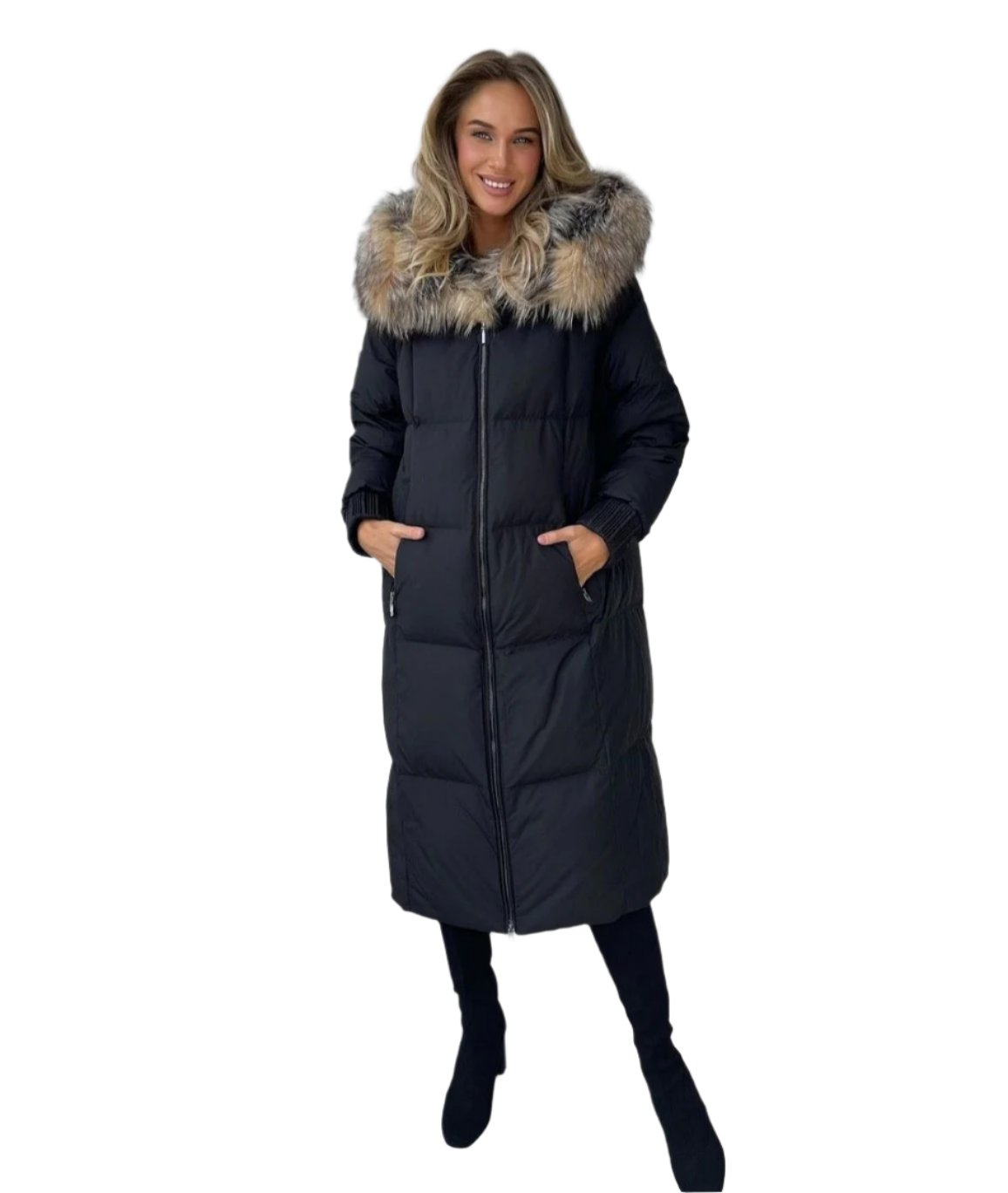Genuine Silver Fox Fur Trim Long Down Fill Coat Black