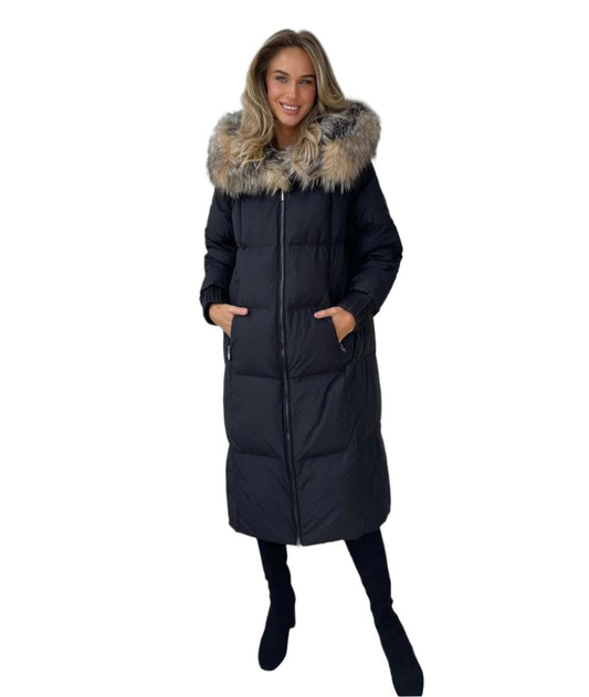 Genuine Silver Fox Fur Trim Long Down Fill Coat Black
