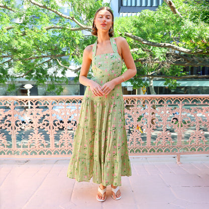 Sweet Printed Sleeveless Halter Dress Women Sexy Big Backless A line Dress Multi