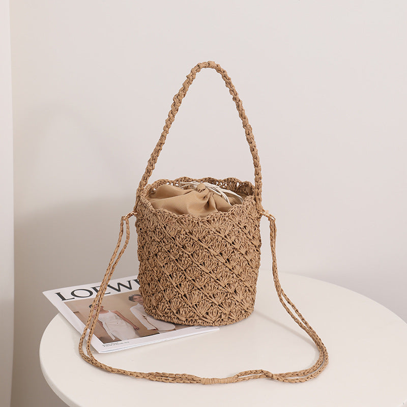 Special Interest Design Bucket Straw Bag Crossbody Woven Tote Women Seaside Vacation Beach Bag One Size Crossbody Small Claw Bucket Coffee