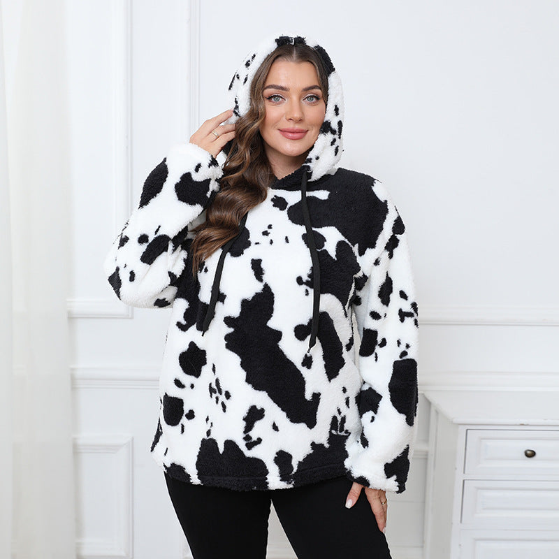 Loose Casual Cow Plush Long Sleeved Top Plump Girls Can Be Worn outside plus Size Hooded Sweater