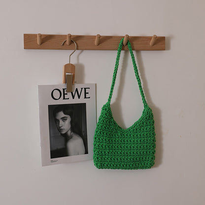 Single Shoulder Cotton Thread Woven Bag Solid Color Single Shoulder Women Bag Casual Underarm Bag Vacation Beach Bag One Size Color V-Shaped Dark Green