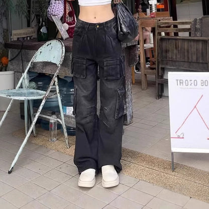Retro Multi Pocket Jeans Loose Straight Casual Wide Leg Pants Washed Cargo Pants