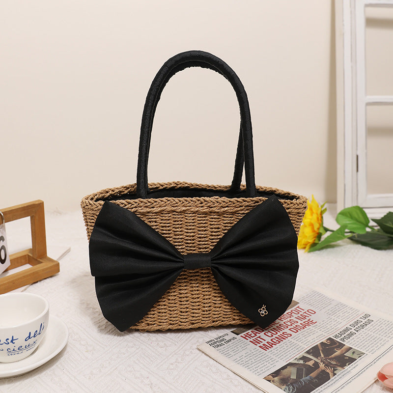 Mori Bow Straw Bag Portable Simplicity Hand Woven Bag Seaside Vacation Beach Bag Rattan Weave Bag One Size Paper String Bow Coffee