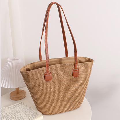 Striped Shoulder Straw Bag Woven Bag Summer Large Capacity Casual All Match Women Seaside Beach Rattan Woven Bag One Size Belt Solid Color