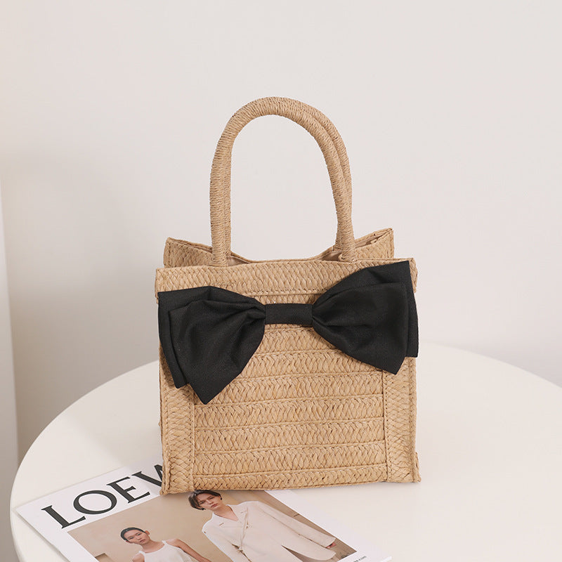 Sweet Bow Straw Bag Cute Girl Portable Straw Bag Woven Bag Seaside Vacation Beach Bag One Size Square Bow Brown