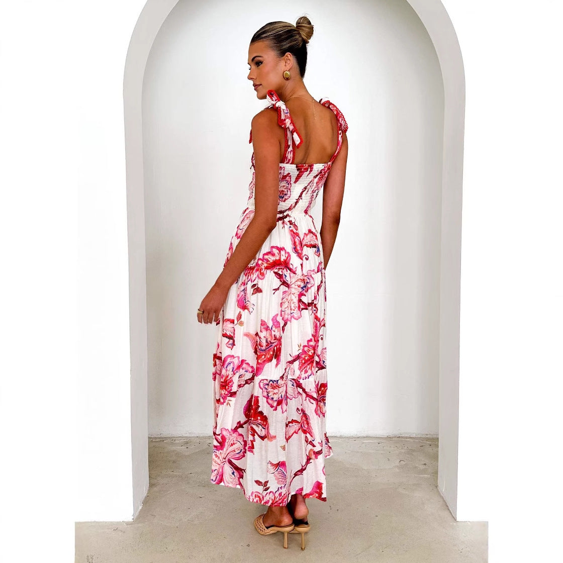 Spring Summer Floral Printed Sling Smocking Elastic Waist Knotted Shoulder Strap Large Swing Dress Long