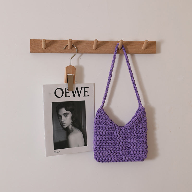 Single Shoulder Cotton Thread Woven Bag Solid Color Single Shoulder Women Bag Casual Underarm Bag Vacation Beach Bag One Size Color V-Shaped Purple