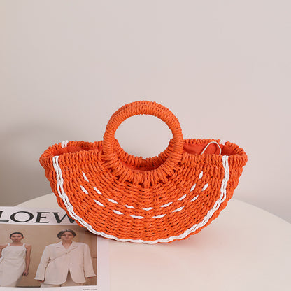 Fresh Candy Colored Watermelon Portable Straw Weaved Bag Cute Fruit Woven Bag Seaside Vacation Beach Bag One Size Small Orange