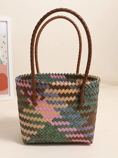 Retro Color Portable Straw Weaved Bag Square Hand Woven Bag Vacation Beach Bag Women Bag One Size Pp Long Woven Handle Color Matching Coffee