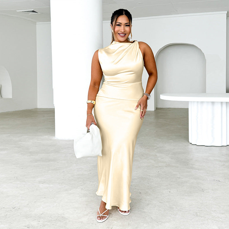 Summer Design Sexy Slim Shoulder Fishtail Satin Dress Women