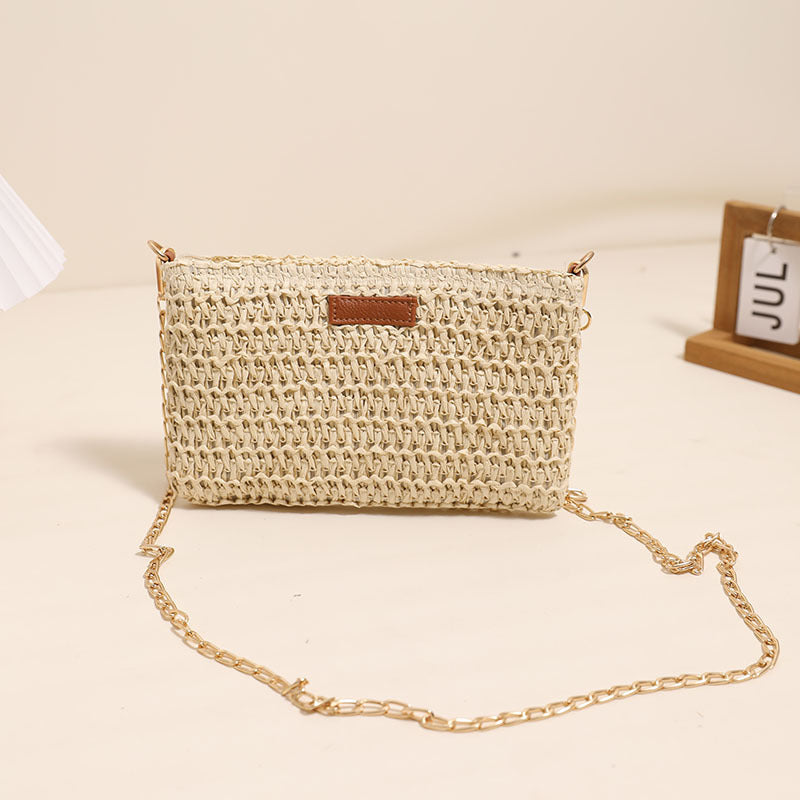 Small Fresh Crossbody Straw Bag Solid Color Square Clutch Vacation Beach Bag Woven Bag One Size Square Hand Holding Leather Tag M