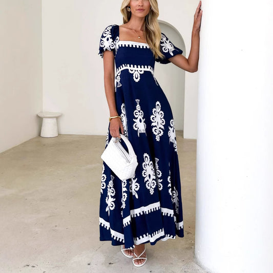 Summer Beach Dress - Floral Printed Smocking Vacation Dress with Puff Sleeves Navy Blue