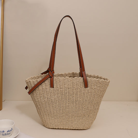 Simple Shoulder Straw Bag Large Capacity Woven Tote Women Bag Seaside Vacation Beach Bag
