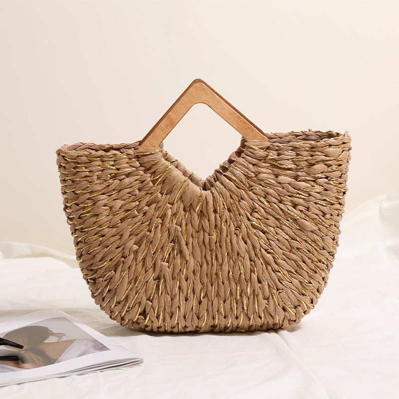Diamond Shaped Wooden Hand Held Semicircle Straw Bag Gold Silk Mixed Hand Held Woven Bag Vacation Beach Bag Women Bag One Size Brown