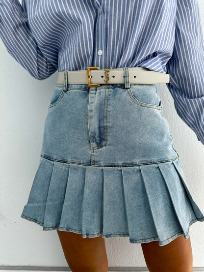 Pleated Stitching Denim Skirt No Belt Light Blue