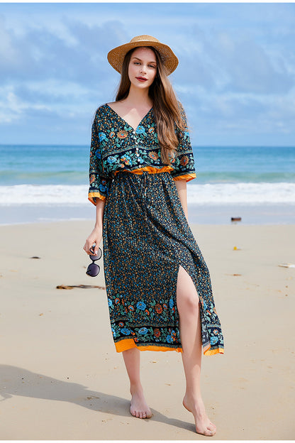 Plus Size Bohemian V neck Seaside Holiday Large Swing Drses Women Floral Breasted Dress Hem Slit Dress Blue