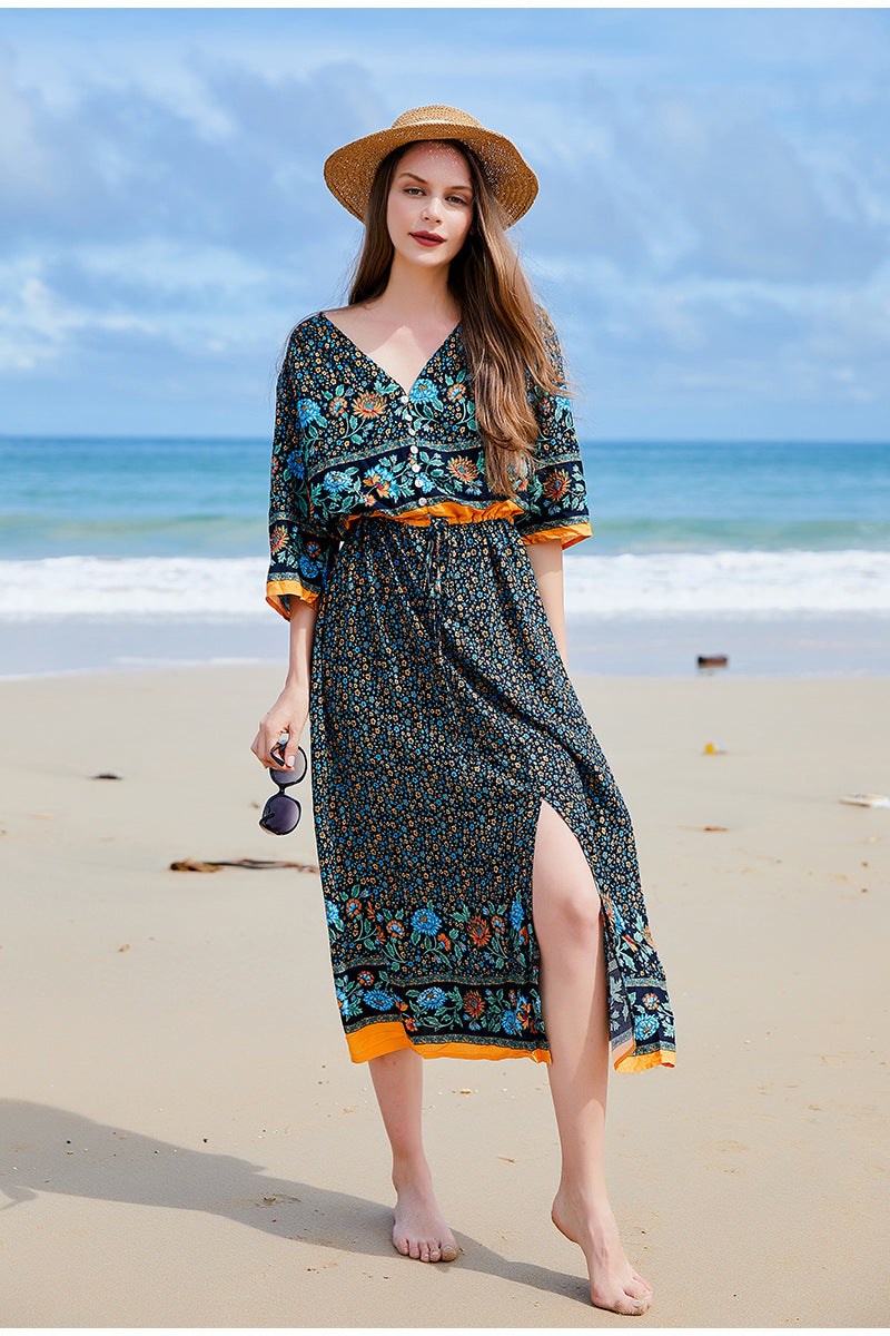 Plus Size Bohemian V neck Seaside Holiday Large Swing Drses Women Floral Breasted Dress Hem Slit Dress Blue