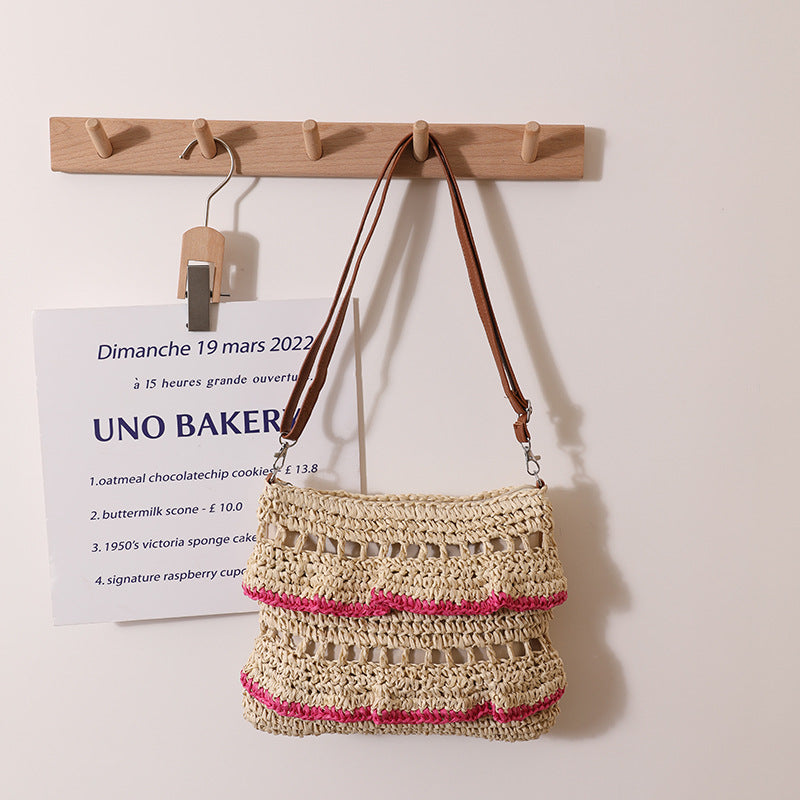 Crossbody Lace Straw Bag Ruffled Summer Color Straw Bag Woven Bag Seaside Beach Vacation Bag One Size Grass Skirt Pink
