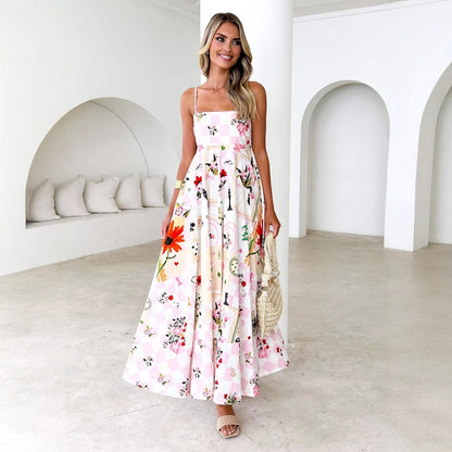 Summer Printed Backless Sexy Suspenders Large Swing High Waist Dress Women Pink plaid flower