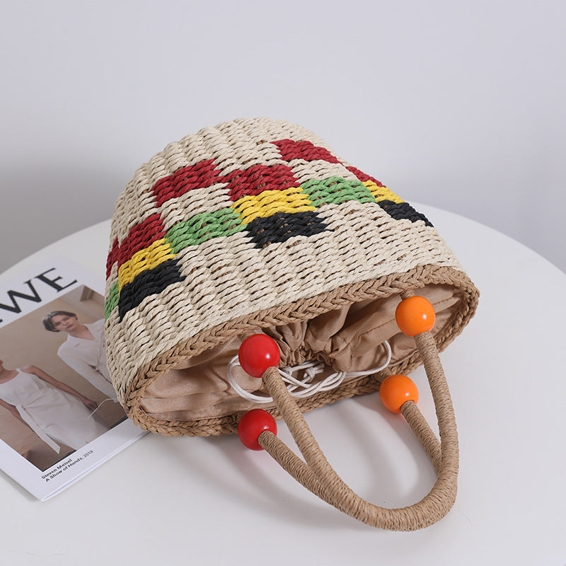 Cute Wooden Bead Portable Straw Weaved Bag Fresh Color Plaid Hand Carrying Woven Bag Fruit Picnic Basket Beach Bag