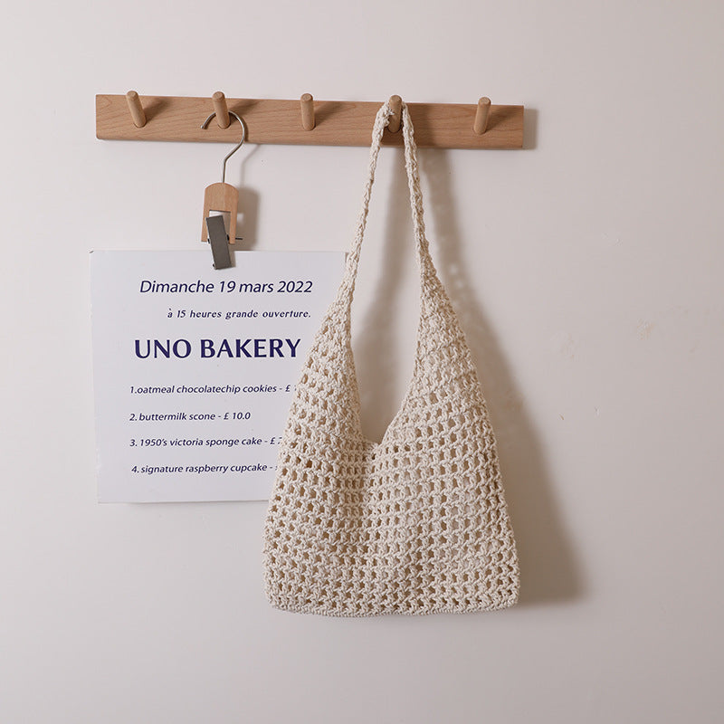 Hollow Out Cutout Cotton Thread Woven Bag Summer Simple Shoulder Straw Bag Vacation Beach Bag Women Bag One Size Cotton Thread Big Handle Square Meter inside