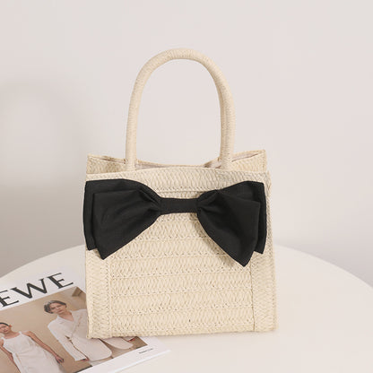 Sweet Bow Straw Bag Cute Girl Portable Straw Bag Woven Bag Seaside Vacation Beach Bag One Size Square Bow Beige