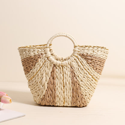 Golden Silk Thread Portable Straw Weaved Bag Large Capacity Tote Vegetable Basket Bag Vacation Beach Bag Hand Carrying Woven Bag One Size Rice Coffee