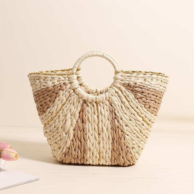 Golden Silk Thread Portable Straw Weaved Bag Large Capacity Tote Vegetable Basket Bag Vacation Beach Bag Hand Carrying Woven Bag One Size Rice Coffee